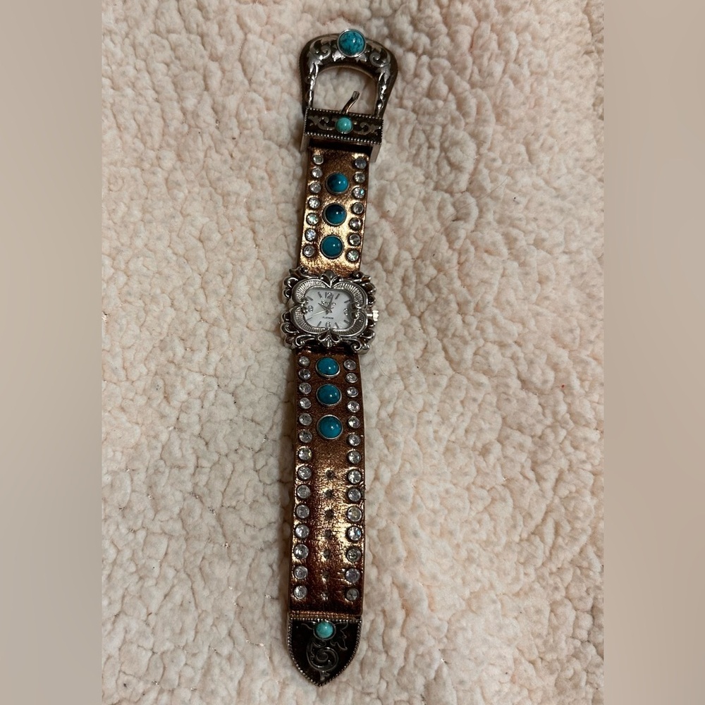 Vintage GENEVA Women Southwest Watch Silver rhinestones turquoise Bronze Leather